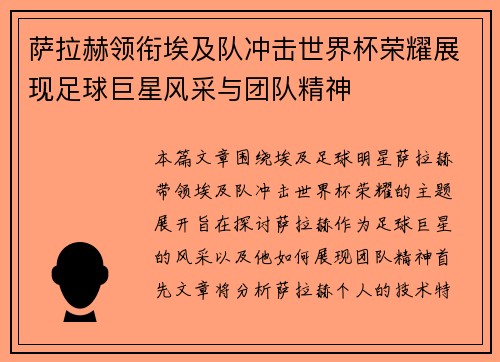 萨拉赫领衔埃及队冲击世界杯荣耀展现足球巨星风采与团队精神